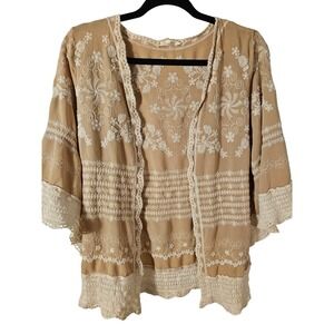Solitaire Womens Tan Embroidered Crochet Trim Flowy Boho Kimono Med Open Front
